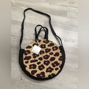 Shiraleah Round Leopard Straw Crossbody Bag - Black, Tan & Pink